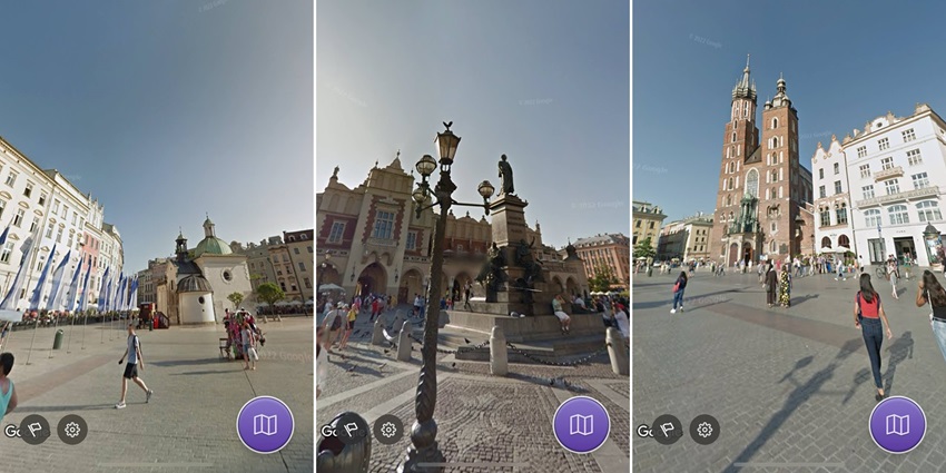 クラクフ歴史地区（Historic Centre of Kraków）、中央市場広場（Main Square, Kraków）、織物取引所（Kraków Cloth Hall）、アダム・ミツキェヴィチ記念碑（Adam Mickiewicz Monument, Kraków）と聖マリア教会（St. Mary's Basilica, Kraków）